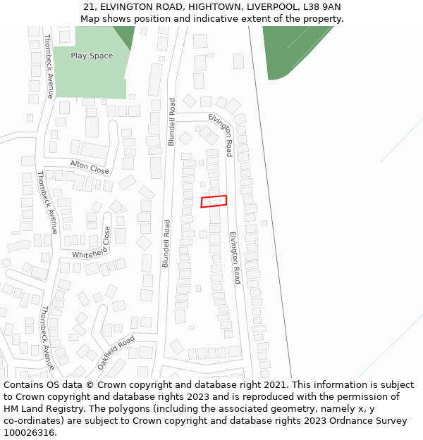 21, ELVINGTON ROAD, HIGHTOWN, LIVERPOOL, L38 9AN: Location map and indicative extent of plot