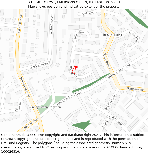 21, EMET GROVE, EMERSONS GREEN, BRISTOL, BS16 7EH: Location map and indicative extent of plot