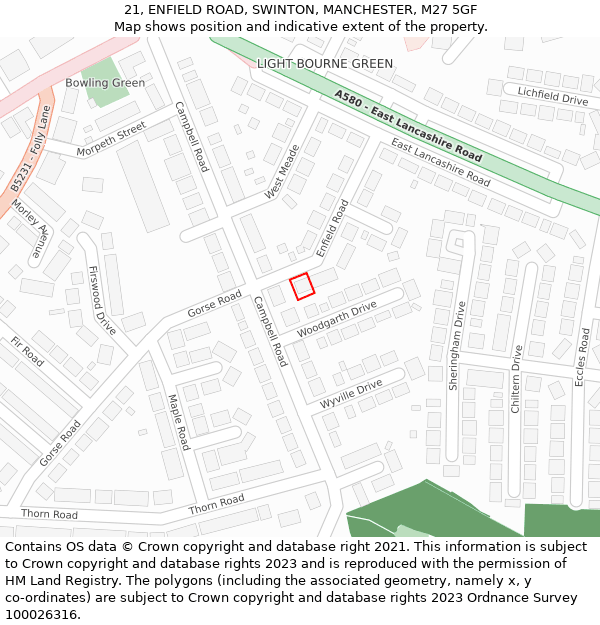 21, ENFIELD ROAD, SWINTON, MANCHESTER, M27 5GF: Location map and indicative extent of plot