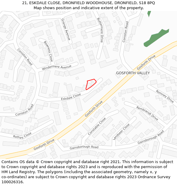 21, ESKDALE CLOSE, DRONFIELD WOODHOUSE, DRONFIELD, S18 8PQ: Location map and indicative extent of plot