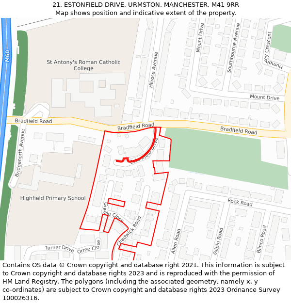 21, ESTONFIELD DRIVE, URMSTON, MANCHESTER, M41 9RR: Location map and indicative extent of plot