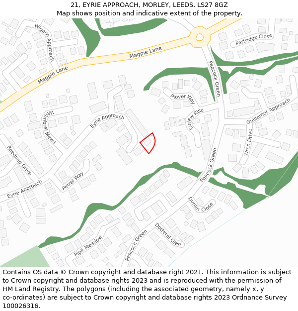 21, EYRIE APPROACH, MORLEY, LEEDS, LS27 8GZ: Location map and indicative extent of plot