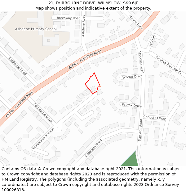 21, FAIRBOURNE DRIVE, WILMSLOW, SK9 6JF: Location map and indicative extent of plot