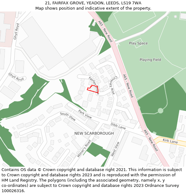 21, FAIRFAX GROVE, YEADON, LEEDS, LS19 7WA: Location map and indicative extent of plot