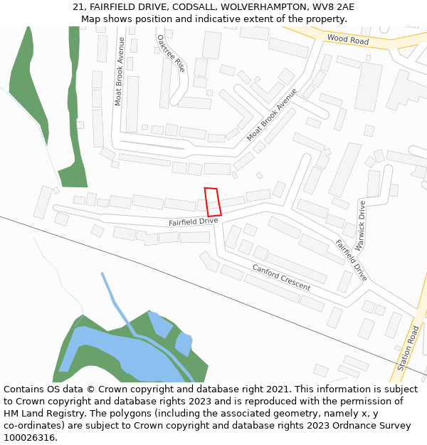 21, FAIRFIELD DRIVE, CODSALL, WOLVERHAMPTON, WV8 2AE: Location map and indicative extent of plot