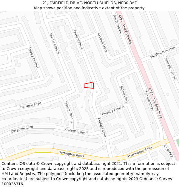 21, FAIRFIELD DRIVE, NORTH SHIELDS, NE30 3AF: Location map and indicative extent of plot