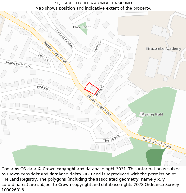 21, FAIRFIELD, ILFRACOMBE, EX34 9ND: Location map and indicative extent of plot