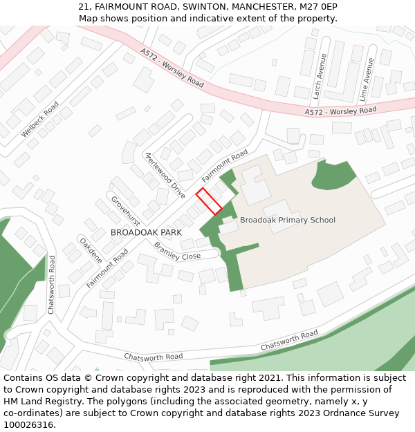 21, FAIRMOUNT ROAD, SWINTON, MANCHESTER, M27 0EP: Location map and indicative extent of plot