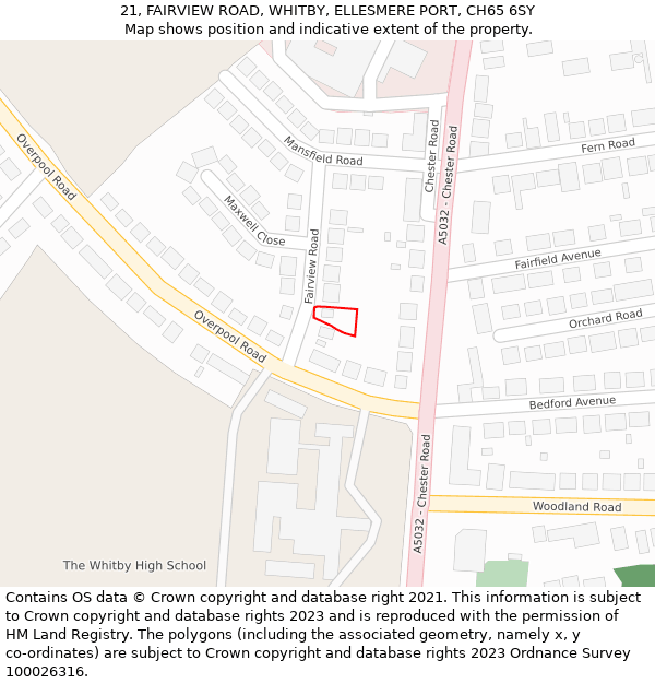 21, FAIRVIEW ROAD, WHITBY, ELLESMERE PORT, CH65 6SY: Location map and indicative extent of plot