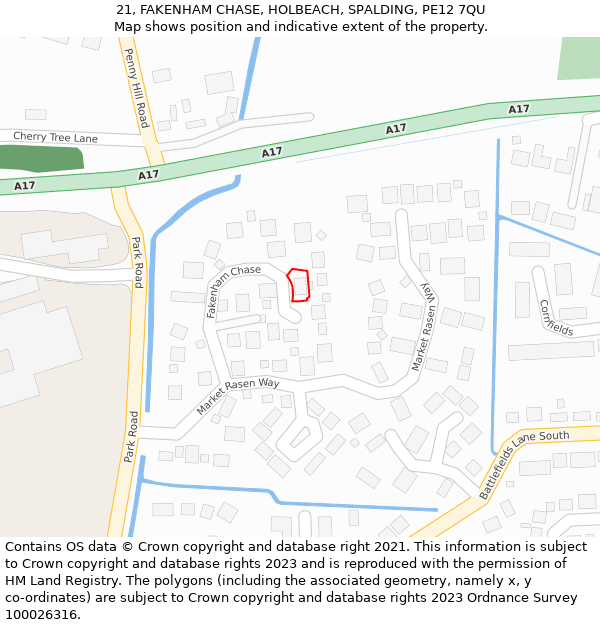 21, FAKENHAM CHASE, HOLBEACH, SPALDING, PE12 7QU: Location map and indicative extent of plot