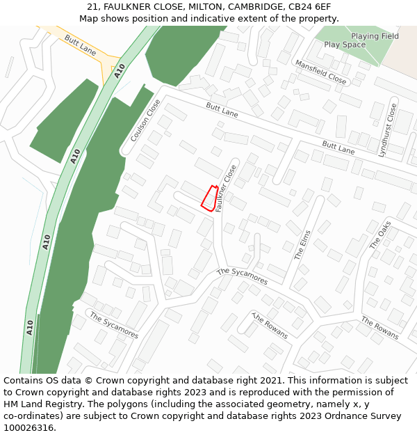 21, FAULKNER CLOSE, MILTON, CAMBRIDGE, CB24 6EF: Location map and indicative extent of plot