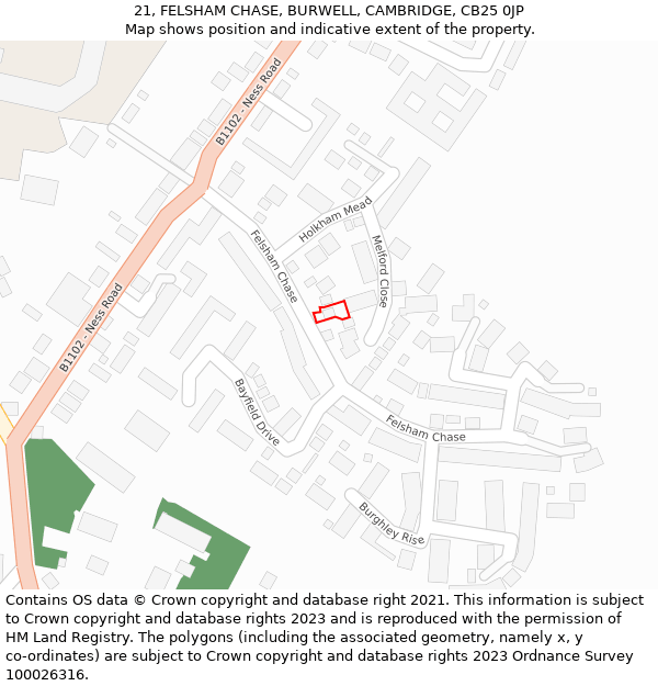 21, FELSHAM CHASE, BURWELL, CAMBRIDGE, CB25 0JP: Location map and indicative extent of plot