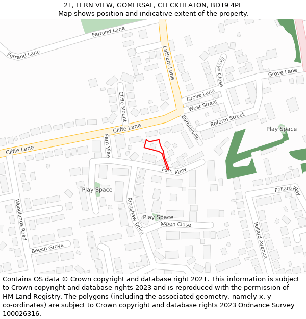 21, FERN VIEW, GOMERSAL, CLECKHEATON, BD19 4PE: Location map and indicative extent of plot