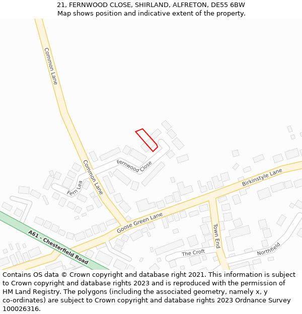 21, FERNWOOD CLOSE, SHIRLAND, ALFRETON, DE55 6BW: Location map and indicative extent of plot