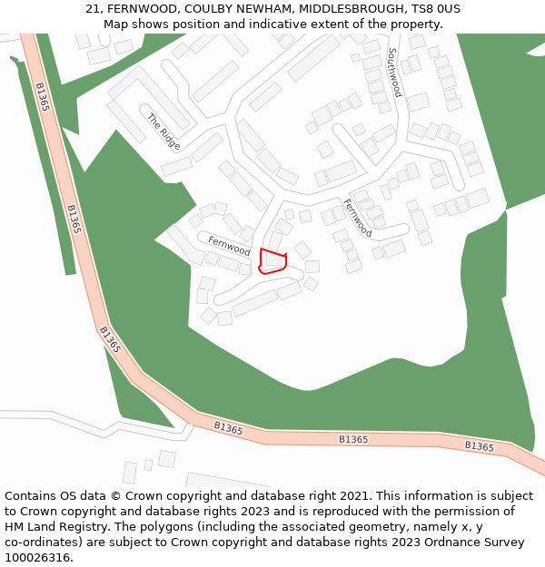 21, FERNWOOD, COULBY NEWHAM, MIDDLESBROUGH, TS8 0US: Location map and indicative extent of plot