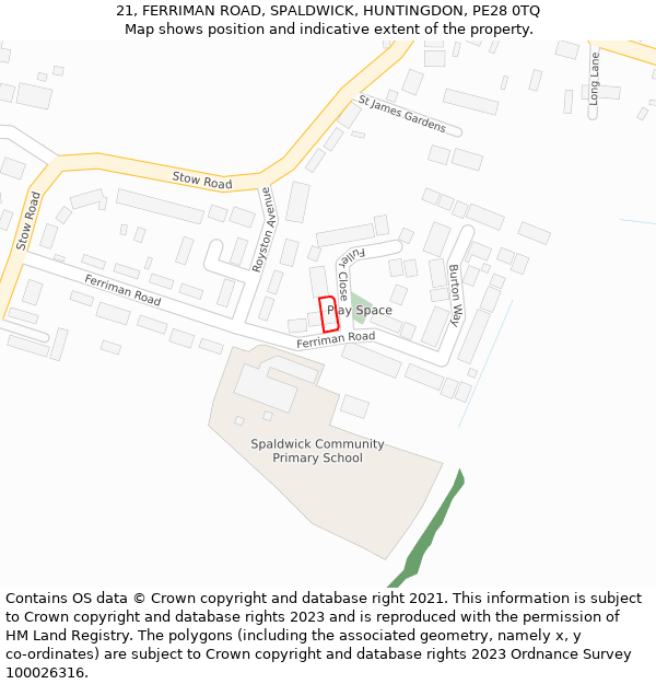 21, FERRIMAN ROAD, SPALDWICK, HUNTINGDON, PE28 0TQ: Location map and indicative extent of plot