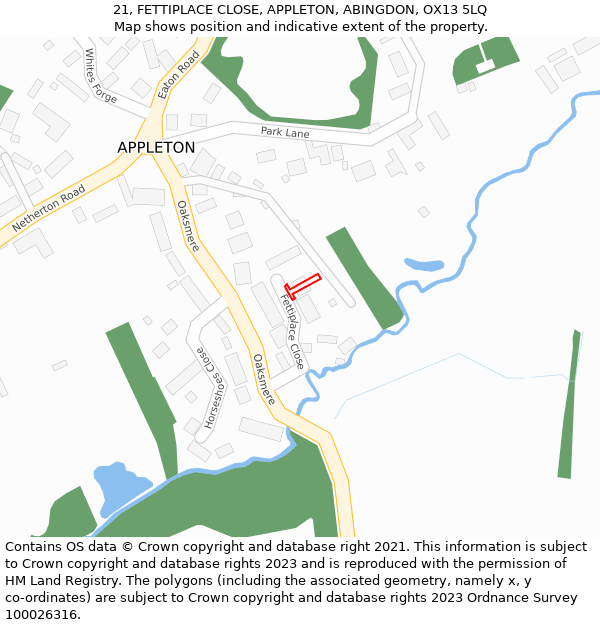 21, FETTIPLACE CLOSE, APPLETON, ABINGDON, OX13 5LQ: Location map and indicative extent of plot