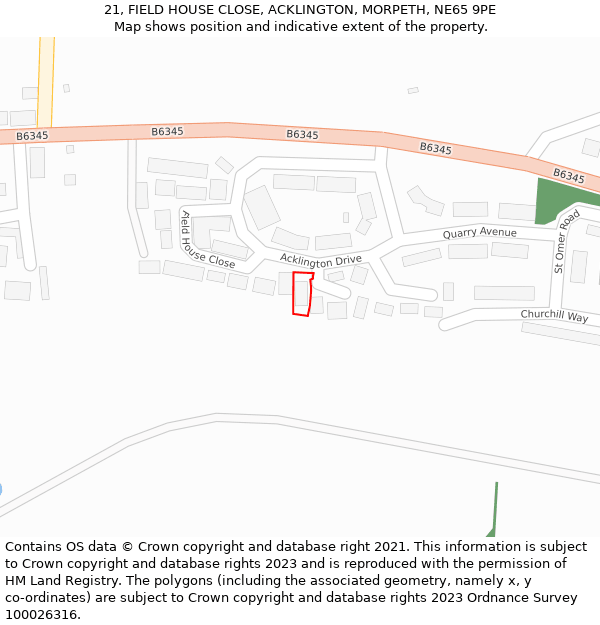 21, FIELD HOUSE CLOSE, ACKLINGTON, MORPETH, NE65 9PE: Location map and indicative extent of plot