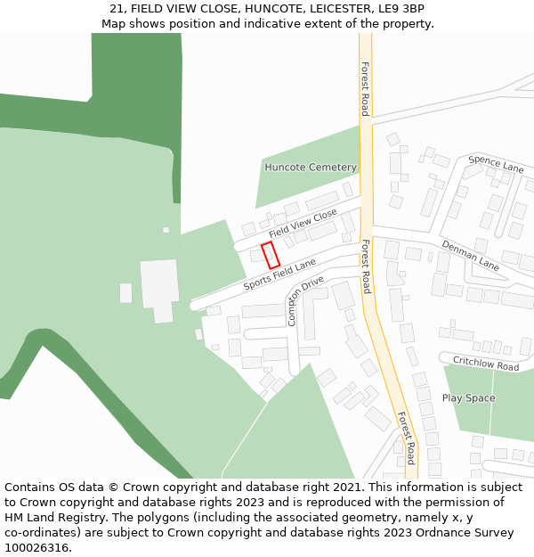 21, FIELD VIEW CLOSE, HUNCOTE, LEICESTER, LE9 3BP: Location map and indicative extent of plot