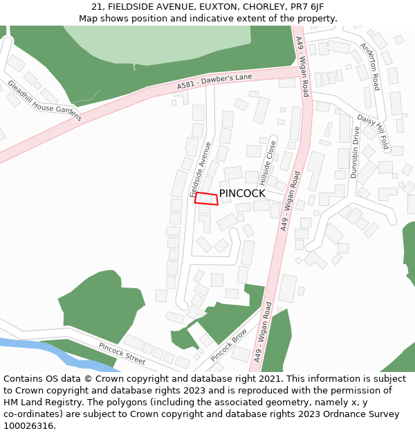 21, FIELDSIDE AVENUE, EUXTON, CHORLEY, PR7 6JF: Location map and indicative extent of plot