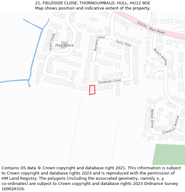 21, FIELDSIDE CLOSE, THORNGUMBALD, HULL, HU12 9GE: Location map and indicative extent of plot