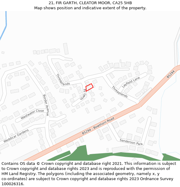 21, FIR GARTH, CLEATOR MOOR, CA25 5HB: Location map and indicative extent of plot