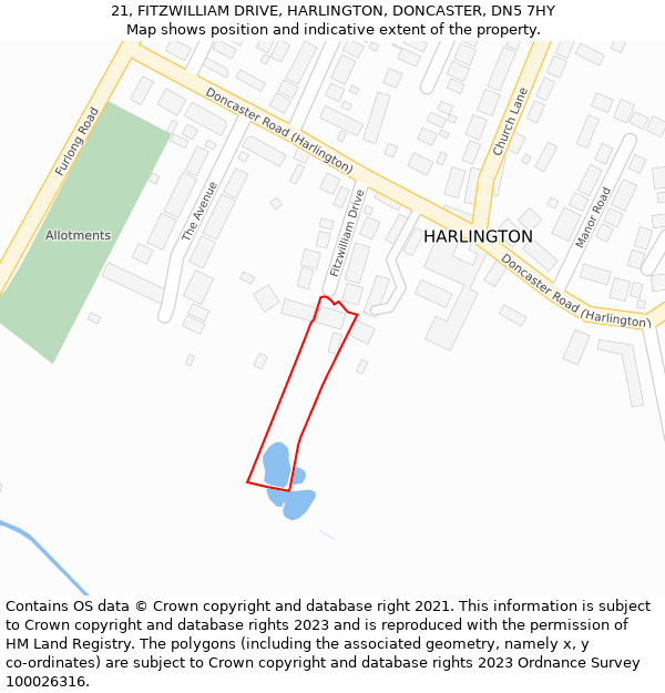 21, FITZWILLIAM DRIVE, HARLINGTON, DONCASTER, DN5 7HY: Location map and indicative extent of plot