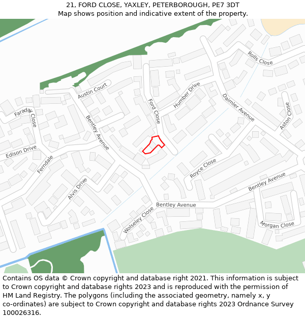 21, FORD CLOSE, YAXLEY, PETERBOROUGH, PE7 3DT: Location map and indicative extent of plot