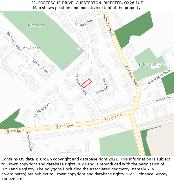21, FORTESCUE DRIVE, CHESTERTON, BICESTER, OX26 1UT: Location map and indicative extent of plot