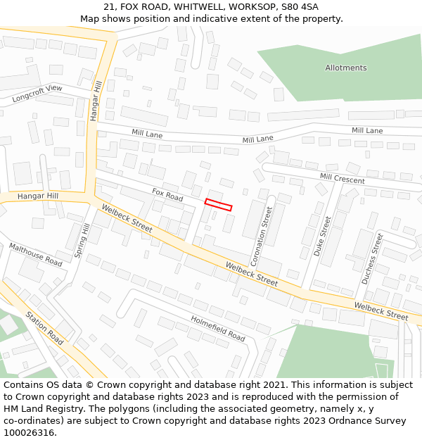 21, FOX ROAD, WHITWELL, WORKSOP, S80 4SA: Location map and indicative extent of plot