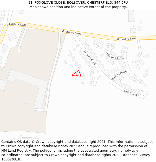 21, FOXGLOVE CLOSE, BOLSOVER, CHESTERFIELD, S44 6FU: Location map and indicative extent of plot