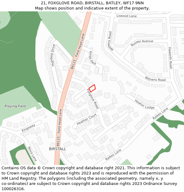 21, FOXGLOVE ROAD, BIRSTALL, BATLEY, WF17 9NN: Location map and indicative extent of plot