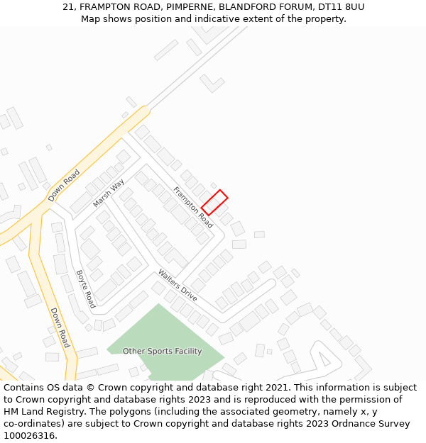 21, FRAMPTON ROAD, PIMPERNE, BLANDFORD FORUM, DT11 8UU: Location map and indicative extent of plot