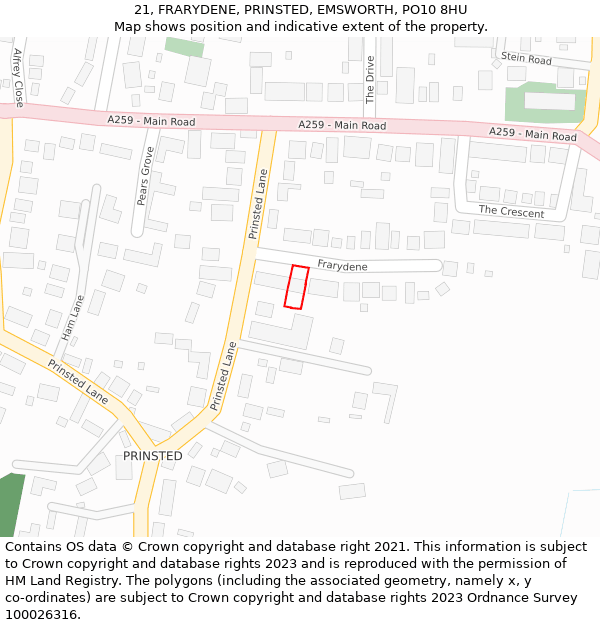 21, FRARYDENE, PRINSTED, EMSWORTH, PO10 8HU: Location map and indicative extent of plot