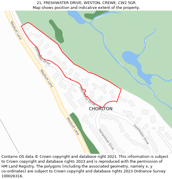 21, FRESHWATER DRIVE, WESTON, CREWE, CW2 5GR: Location map and indicative extent of plot