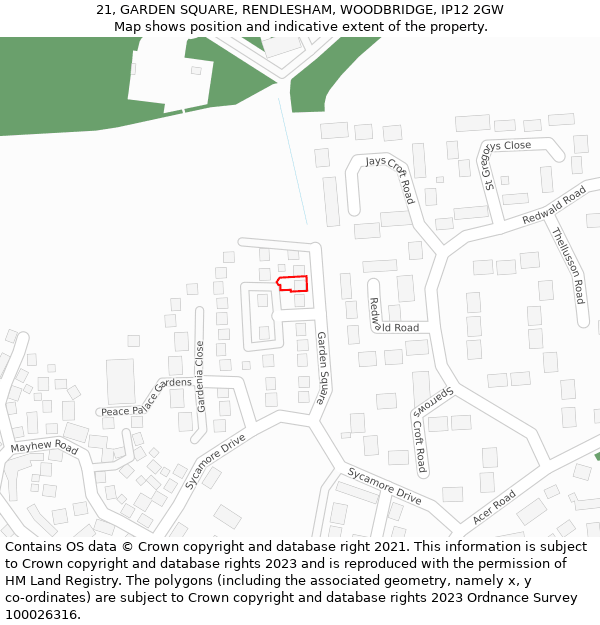 21, GARDEN SQUARE, RENDLESHAM, WOODBRIDGE, IP12 2GW: Location map and indicative extent of plot
