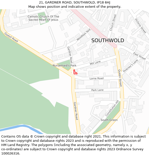 21, GARDNER ROAD, SOUTHWOLD, IP18 6HJ: Location map and indicative extent of plot