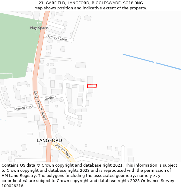 21, GARFIELD, LANGFORD, BIGGLESWADE, SG18 9NG: Location map and indicative extent of plot