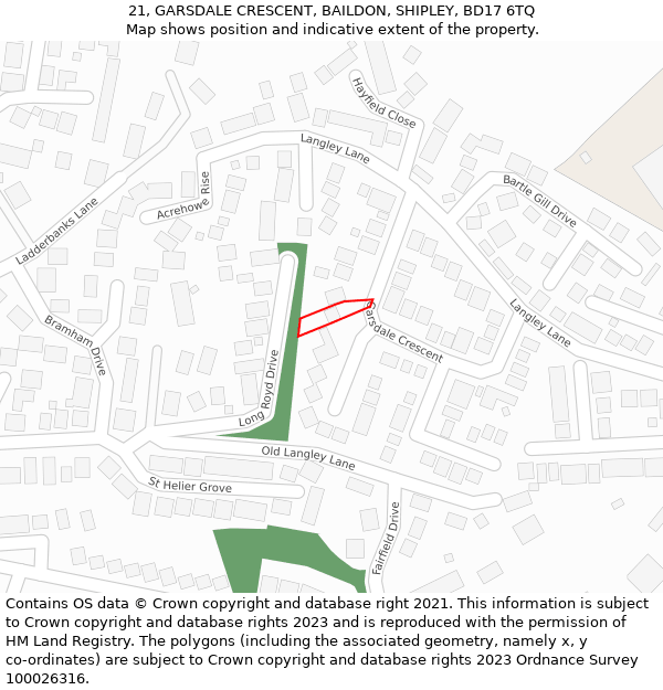 21, GARSDALE CRESCENT, BAILDON, SHIPLEY, BD17 6TQ: Location map and indicative extent of plot