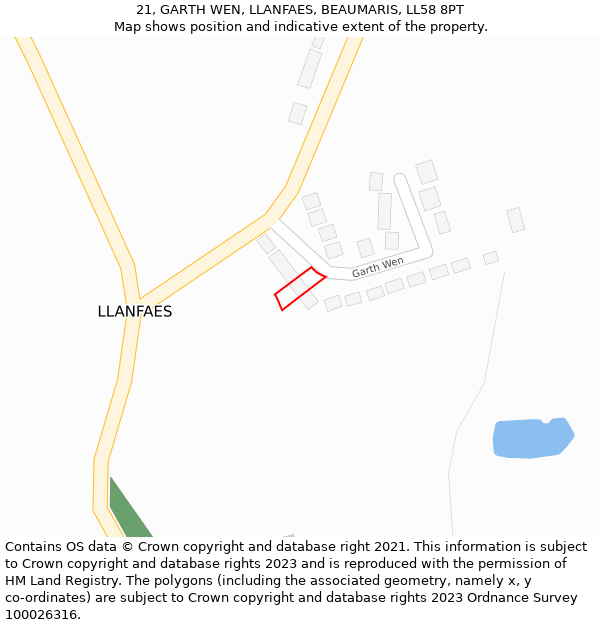 21, GARTH WEN, LLANFAES, BEAUMARIS, LL58 8PT: Location map and indicative extent of plot