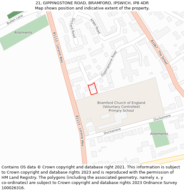 21, GIPPINGSTONE ROAD, BRAMFORD, IPSWICH, IP8 4DR: Location map and indicative extent of plot