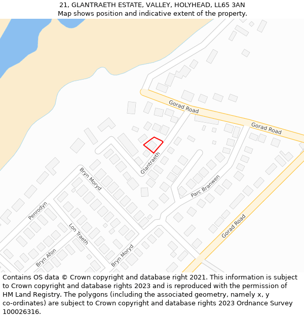 21, GLANTRAETH ESTATE, VALLEY, HOLYHEAD, LL65 3AN: Location map and indicative extent of plot