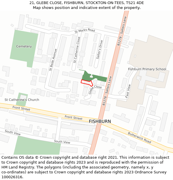 21, GLEBE CLOSE, FISHBURN, STOCKTON-ON-TEES, TS21 4DE: Location map and indicative extent of plot