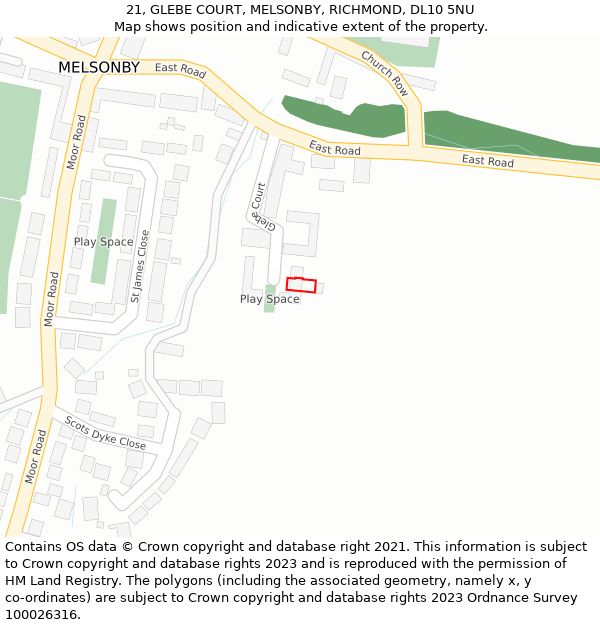 21, GLEBE COURT, MELSONBY, RICHMOND, DL10 5NU: Location map and indicative extent of plot