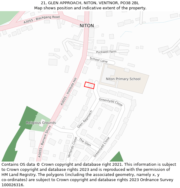 21, GLEN APPROACH, NITON, VENTNOR, PO38 2BL: Location map and indicative extent of plot