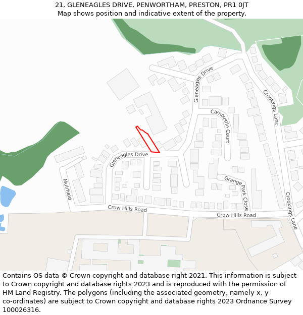 21, GLENEAGLES DRIVE, PENWORTHAM, PRESTON, PR1 0JT: Location map and indicative extent of plot