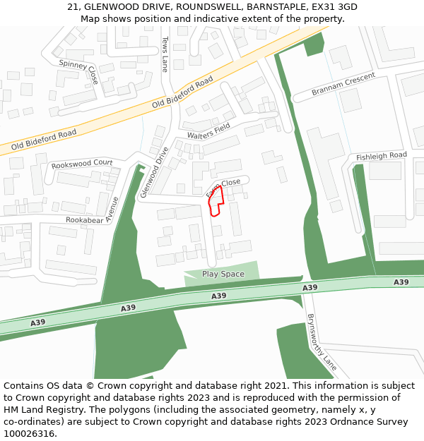 21, GLENWOOD DRIVE, ROUNDSWELL, BARNSTAPLE, EX31 3GD: Location map and indicative extent of plot