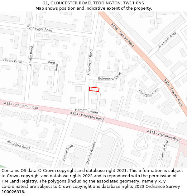 21, GLOUCESTER ROAD, TEDDINGTON, TW11 0NS: Location map and indicative extent of plot