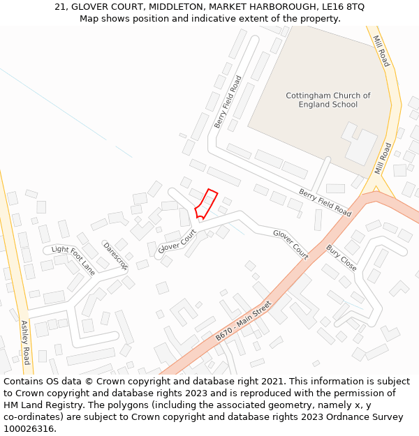 21, GLOVER COURT, MIDDLETON, MARKET HARBOROUGH, LE16 8TQ: Location map and indicative extent of plot