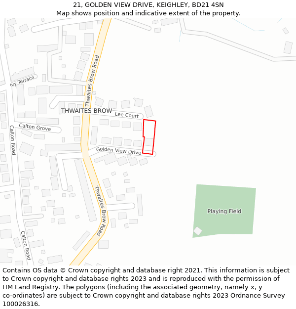 21, GOLDEN VIEW DRIVE, KEIGHLEY, BD21 4SN: Location map and indicative extent of plot